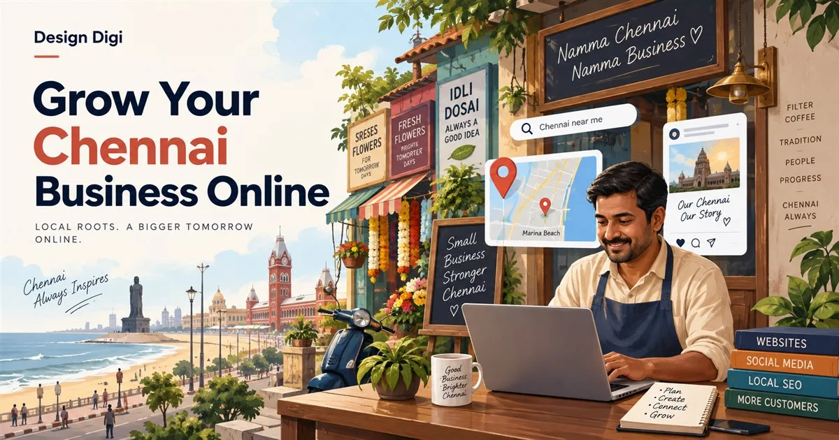 Illustration of a Chennai business owner using a laptop alongside local search and social media imagery.