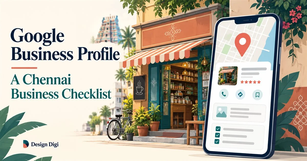Illustration of a Chennai storefront beside a Google Business Profile checklist